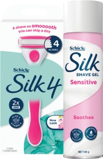 Schick+Silk+4+Razor+%2B+2+Blades+or+Silk+Sensitive+Shave+Gel+198g