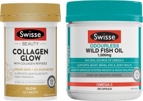 Swisse+Beauty+Collagen+Glow+60s+or+Swisse+Ultiboost+Odourless+Wild+Fish+Oil+200s