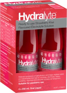 Hydralyte+Ready+to+use+Electrolyte+Solution+Strawberry+Kiwi+Flavoured+4+x+250mL