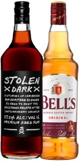 Stolen-Dark-Rum-or-Bells-Blended-Scotch-Whisky-1L on sale