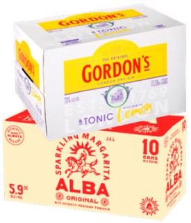 Gordon%26rsquo%3Bs+Gin+%26amp%3B+Tonic+Slimline+7%25+12+x+250ml+Cans+or+Alba+Range+5.9%25+10+x+250ml+Cans