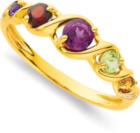 9ct+Multi+Gemstone+%26amp%3B+Diamond+Ring