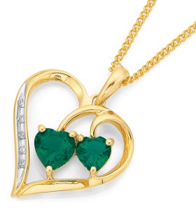 9ct+Created+Emerald+%26amp%3B+Diamond+Heart+Pendant