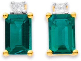 9ct+Created+Emerald+%26amp%3B+Diamond+Studs