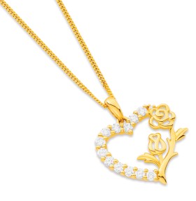 9ct+Cubic+Zirconia+Double+Rose+Heart+Claw+Pendant