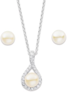 Sterling+Silver+Freshwater+Pearl+%26amp%3B+Cubic+Zirconia+Pendant+%26amp%3B+Earrings+Set