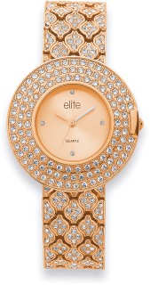 Elite+Ladies+Rose+Tone+Stone+Set+Sunray+Dial+Watch