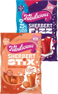 NEW+Fabulicious+25%25+Less+Sugar+Raspberry+Sherbert+Fizz+or+Fabulicious+Peaches+%26amp%3B+Cream+Sherbert+Stix+180g