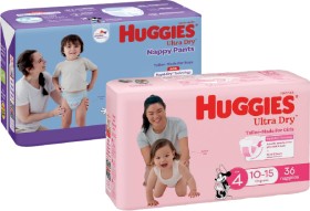 Huggies-Bulk-Pack-Ultra-Dry-Nappies-30-54-Pack-or-Nappy-Pants-28-34-Pack on sale