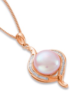 9ct+Rose+Gold+Pink+Freshwater+Pearl+Diamond+Pendant