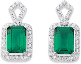 Sterling-Silver-Green-Cubic-Zirconia-Rectangle-Halo-Studs on sale