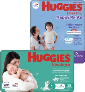 Huggies-Convenience-Pack-Ultra-Dry-Nappies-16-28-Pack-or-Nappy-Pants-16-20-Pack on sale