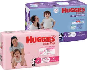 Huggies-Bulk-Pack-Ultra-Dry-Nappies-30-54-Pack-or-Nappy-Pants-28-34-Pack on sale