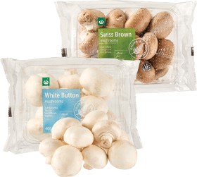 Woolworths-White-Button-or-Swiss-Brown-Mushrooms-400g on sale