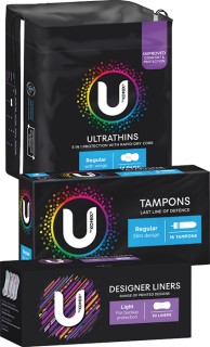 U-By-Kotex-Tampons-16-Pack-Pads-8-16-Pack-or-Designer-Liners-30-Pack on sale