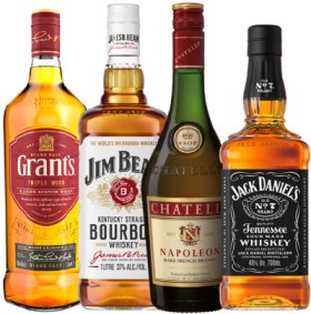 Grants-Blended-Scotch-Whisky-1L-Jim-Beam-Bourbon-1L-Chatelle-Napoleon-Brandy-1L on sale