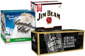 Canadian-Club-Dry-or-Zero-48-Jim-Beam-Cola-or-Zero-48-18-x-330mL-Cans-or-Woodstock-Cola-or-Zero-Sugar-7-18-x-250mL-Cans on sale