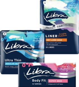 Libra-Liners-30-Pack-Libra-Pads-10-18-Pack-or-Libra-Tampons-16-Pack on sale