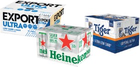 Export+Ultra+Low+Carb%2C+Heineken+Silver+Sleek+or+Tiger+Crystal+Ultra+Low+Carb+Sleek+12+x+330mL+Cans