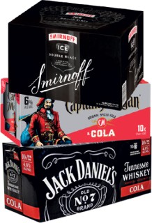 Smirnoff+Ice+Double+Black+or+Guarana+7%25+12+x+250mL+Cans%2C+Captain+Morgan+Spiced+%26amp%3B+Cola+6%25+or+Jack+Daniel%26%23039%3Bs+%26amp%3B+Cola+4.8%25+10+x+330mL+Cans