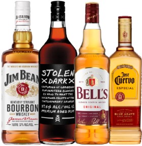 Jim-Beam-Bourbon-Stolen-Dark-Rum-Bells-Blended-Scotch-Whisky-1L-or-Jose-Cuervo-Tequila-Especial-Silver-or-Gold-700mL on sale