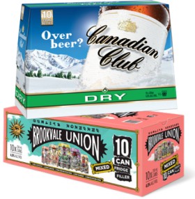 Canadian+Club+%26amp%3B+Dry+4.8%25+10+x+330mL+Bottles+or+Brookvale+Union+Mixed+4%25+10+x+330mL+Cans