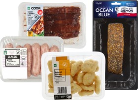 Woolworths+Cook+Kebabs+5+Pack%2C+Classic+Pork+Sausages+6+Pack%2C+Battered+Chicken+Nuggets+330g+or+Ocean+Blue+Smoke+Salmon+110g