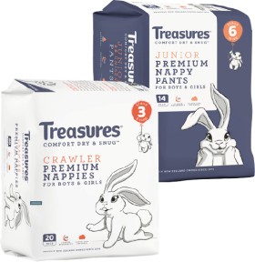 Treasures-Convenience-Nappies-14-24-Pack-or-Nappy-Pants-14-18-Pack on sale