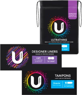 U-By-Kotex-Pads-8-16-Pack-Tampons-16-Pack-or-Liner-Designs-30-Pack on sale