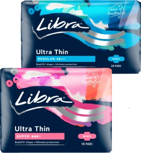 Libra-Pads-Ultra-Thin-Regular-or-Super-with-Wings-18-20-Pack on sale
