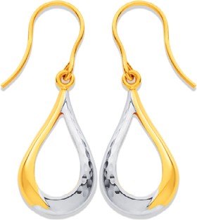 9ct-Two-Tone-Diamond-Cut-Open-Teardrop-Hook-Earrings on sale