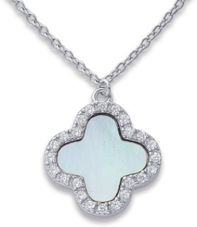 Sterling-Silver-Mother-Of-Pearl-Cubic-Zirconia-Clover-Necklet on sale