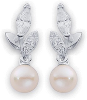 Sterling-Silver-Freshwater-Pearl-Cubic-Zirconia-Leaf-Drop-Earrings on sale