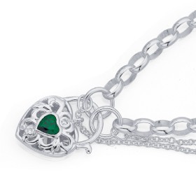 Sterling+Silver+Green+Cubic+Zirconia+Padlock+Bracelet