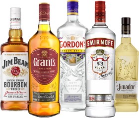 Jim-Beam-Bourbon-Grants-Blended-Scotch-Whisky-Gordons-London-Dry-Gin-Smirnoff-Vodka-1L-El-Jimador-Reposado-or-Blanco-Tequila-700mL on sale