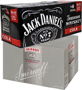 Jack+Daniel%26rsquo%3Bs+%26amp%3B+Cola+4.8%25+10+x+330mL+Cans+or+Smirnoff+Ice+Double+Black+Guarana+7%25+12+x+250mL+Cans