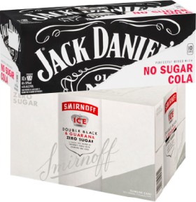 Smirnoff+Ice+Double+Black+Guarana+Zero+Sugar+7%25+12+x+250mL+Cans+or+Jack+Daniel%26rsquo%3Bs+No+Sugar+Cola+4.8%25+10+x+375mL+Cans