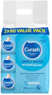Curash+Simply+Water+Wipes+3x80+Pack