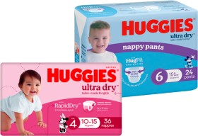 Huggies-Bulk-Pack-Ultra-Dry-Nappies-30-54-Pack-or-Nappy-Pants-24-29-Pack on sale