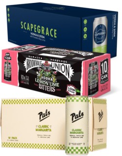 Scapegrace+RTD+Range+5%25%2C+Brookvale+Union+Range+10+x+330mL+Cans+or+Pals+Margarita+Range+5.8%25+10+x+250mL+Cans