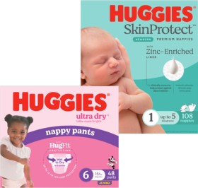 Huggies-Jumbo-Ultra-Dry-Nappies-64-108-Pack-or-Nappy-Pants-48-62-Pack on sale