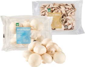 Woolworths-Swiss-Brown-White-Button-or-Sliced-Mushrooms-400g on sale