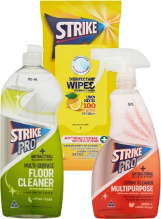 Strike-Cleaning-Wipes-50-100-Pack-or-Strike-Floor-Cleaner-750ml-or-Strike-Cleaning-Triggers-750ml on sale