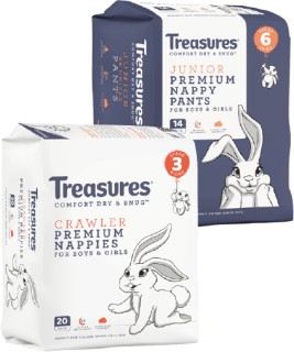 Treasures+Convenience+Nappies+14-24+Pack+or+Nappy+Pants+14-18+Pack