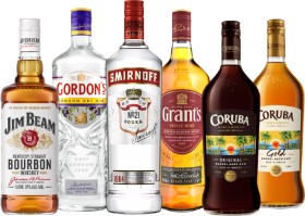 Jim-Beam-Bourbon-Gordons-London-Dry-Gin-Smirnoff-Vodka-Grants-Blended-Scotch-Whisky-Coruba-Original-or-Gold-Rum-1L on sale