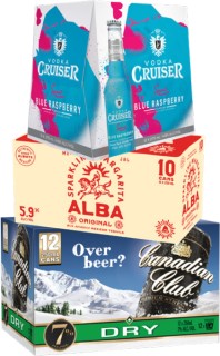 Cruiser+Range+4.8%25+12+x+275mL+Bottles%2C+Alba+Range+5.9%25+10+x+250mL+Cans+or+Canadian+Club+Premium+%26amp%3B+Dry+7%25+12+x+250mL+Cans