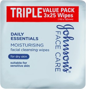 Johnson%26rsquo%3Bs+Daily+Essentials+Facial+Wipes+for+Dry+Skin+3x+25+Pack