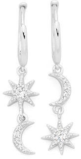Sterling-Silver-Cubic-Zirconia-Star-and-Moon-Hoop-Drop-Earrings on sale