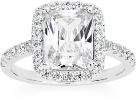 Sterling+Silver+Emerald+Cut+Cubic+Zirconia+with+Border+Ring