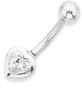 Sterling+Silver+Cubic+Zirconia+Heart+Bezel-Set+Belly+Bar